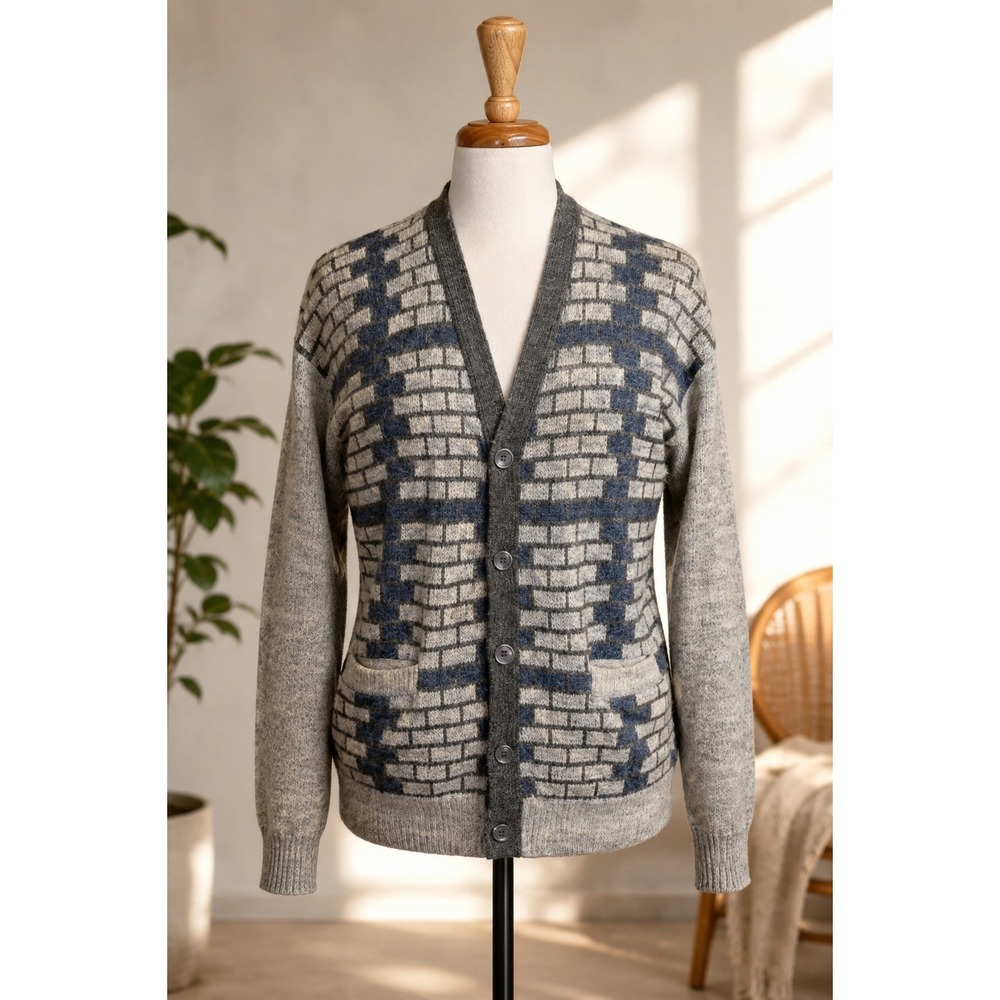 Vintage Wool Blend Grandpa Core Cardiganโ Mens L Grey Blue Knit Button Sweater